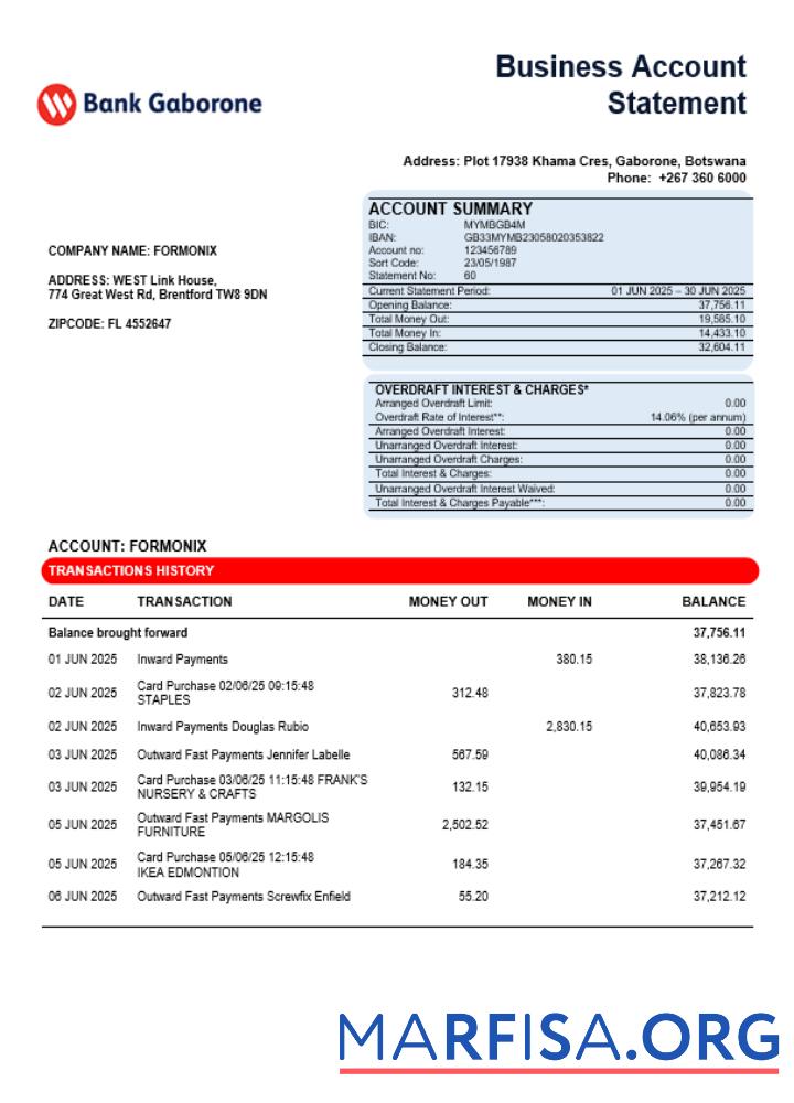 Bank Gaborone Geschäft firm Kontoauszug Word and PDF Format Probe