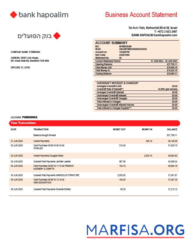 Hohe Qualität Bank Hapoalim firm Konto Kontoauszug Word and PDF Vorlage