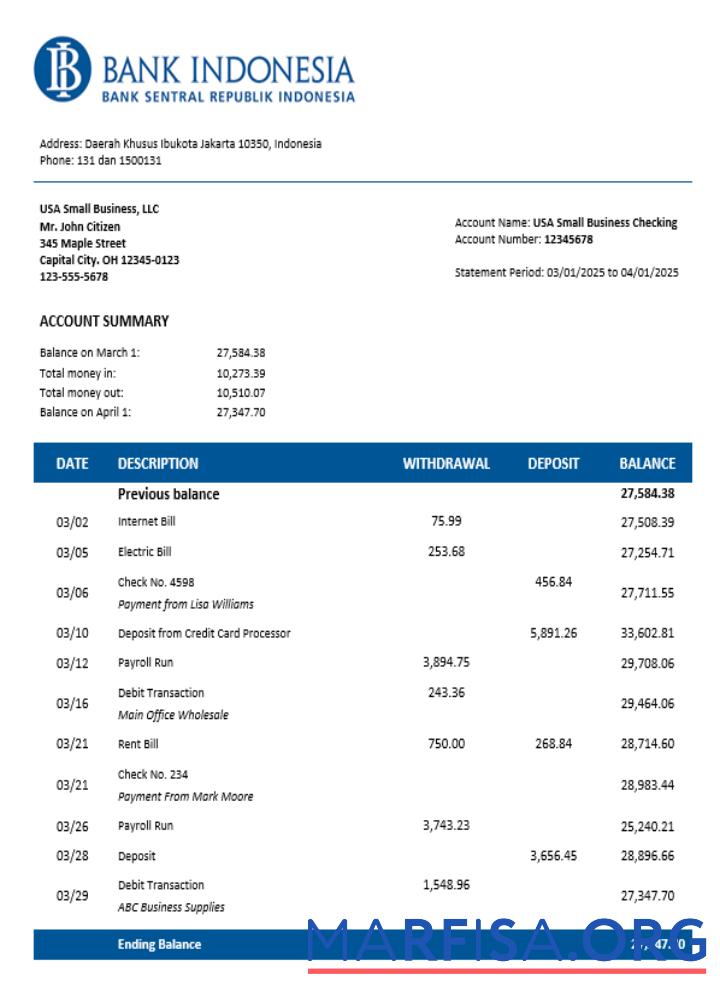 Hohe Qualität Bank Indonesian Unternehmen checking Konto Kontoauszug Word and PDF Vorlage