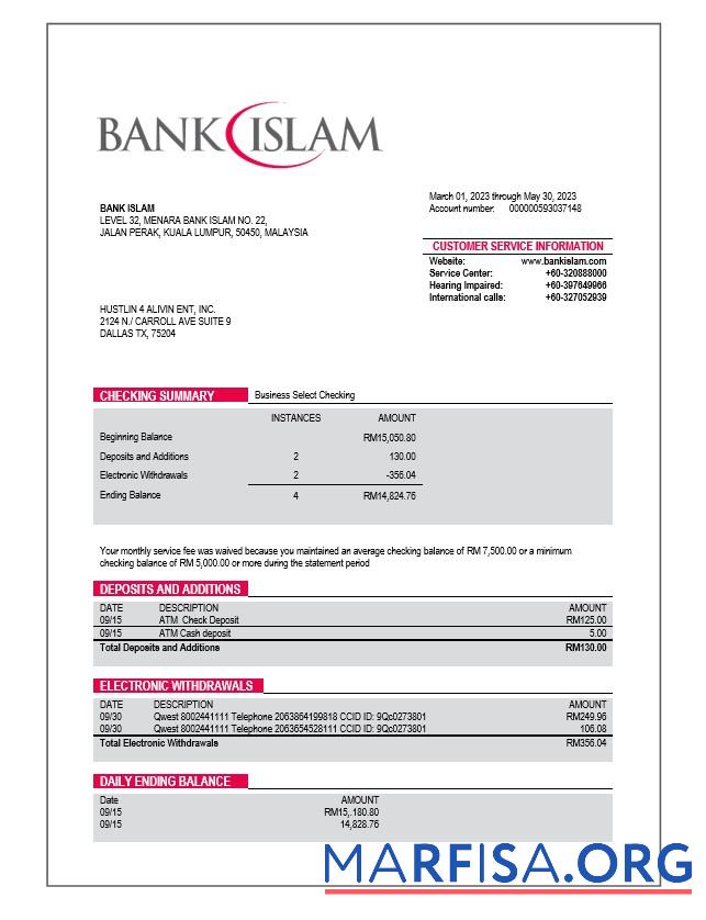 Premium Bank Islam Unternehmen Konto Kontoauszug Word and PDF Vorlage