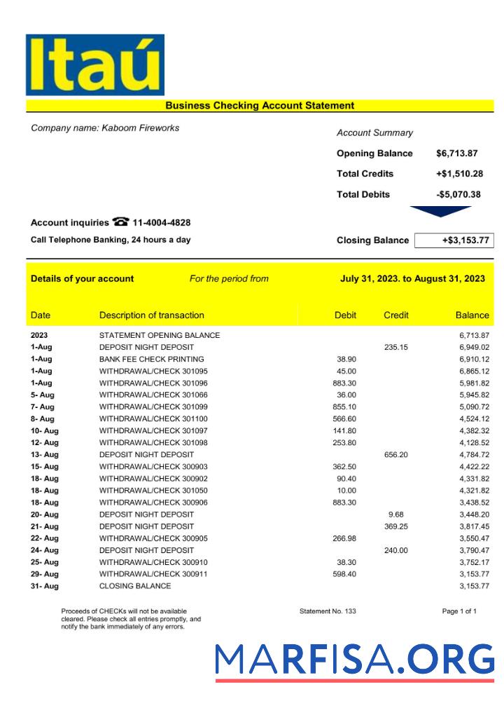 Professionell Bank Itau╠ü enterprise Konto Kontoauszug Word and PDF Vorlage
