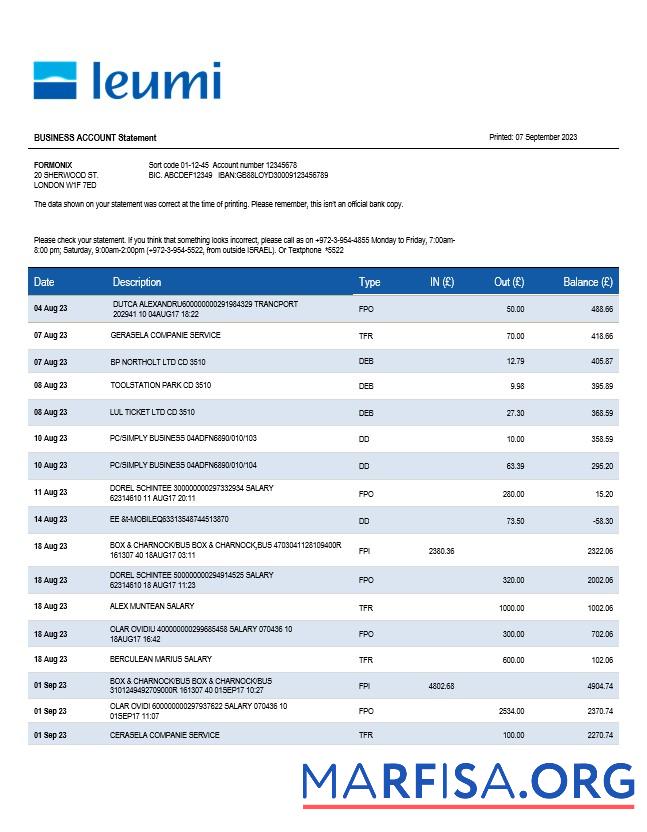 Premium Bank Leumi Geschäft Kontoauszug Word and PDF Vorlage