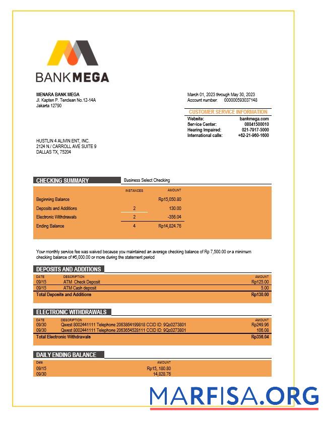 Premium Bank Mega corporate checking Konto Kontoauszug Word and PDF Vorlage