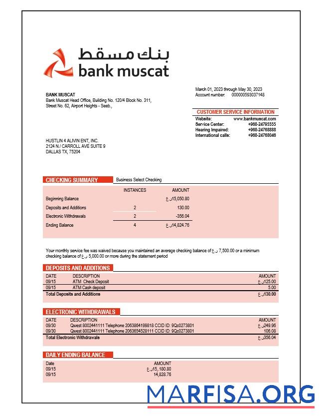 Professionell Bank Muscat enterprise Konto Kontoauszug Word and PDF Vorlage