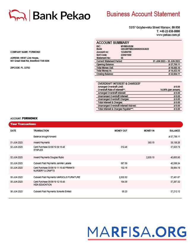 Premium Bank Pekao S. A Unternehmen Kontoauszug Word and PDF Vorlage