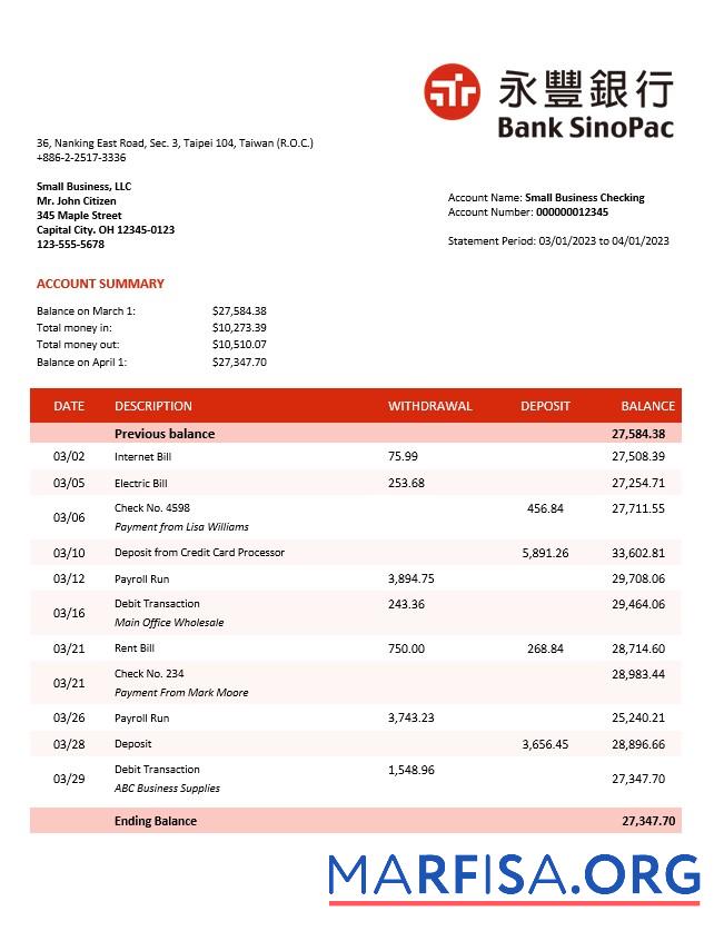 Hohe Qualität Bank Sinopac enterprise Konto Kontoauszug Word and PDF Vorlage