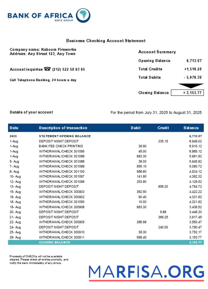 Bank of Africa Geschäft Bank Kontoauszug Word and PDF Format (1) Vorschau