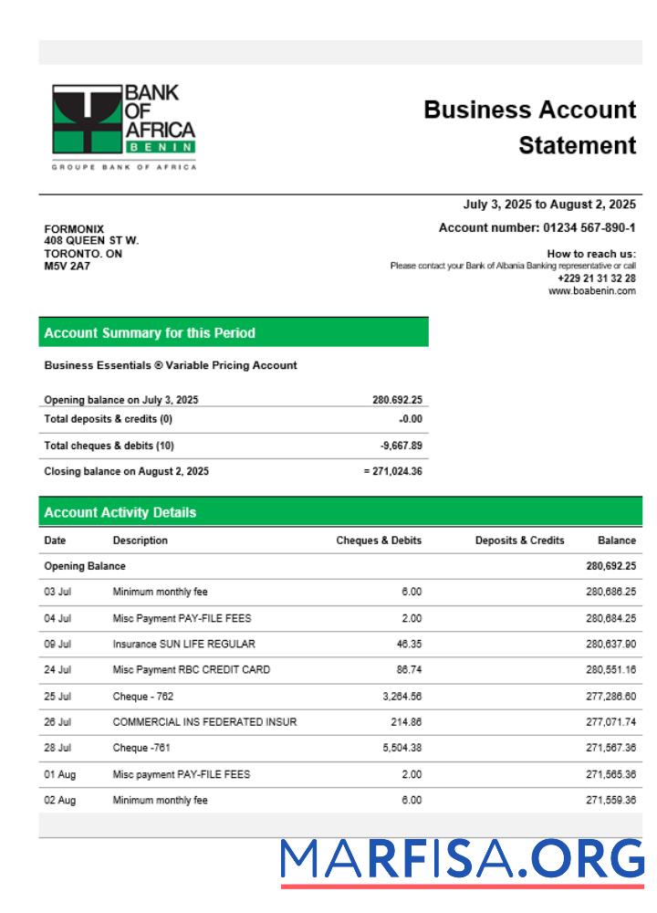 Realistisch Bank of Africa Unternehmen checking Konto Kontoauszug Word and PDF Vorlage