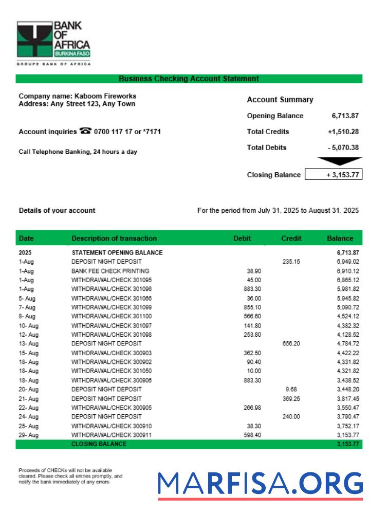 Professionell Bank of Africa corporate checking Konto Kontoauszug Word and PDF Vorlage