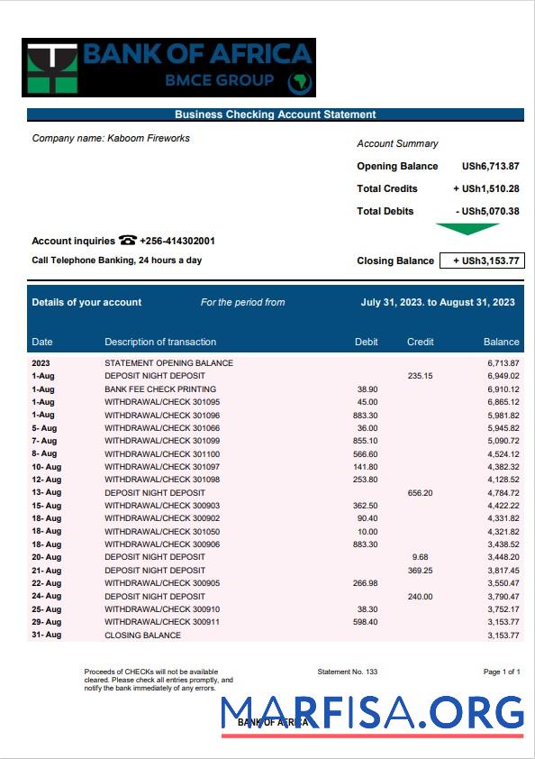 Realistisch Bank of Africa enterprise Konto Kontoauszug Word and PDF Vorlage