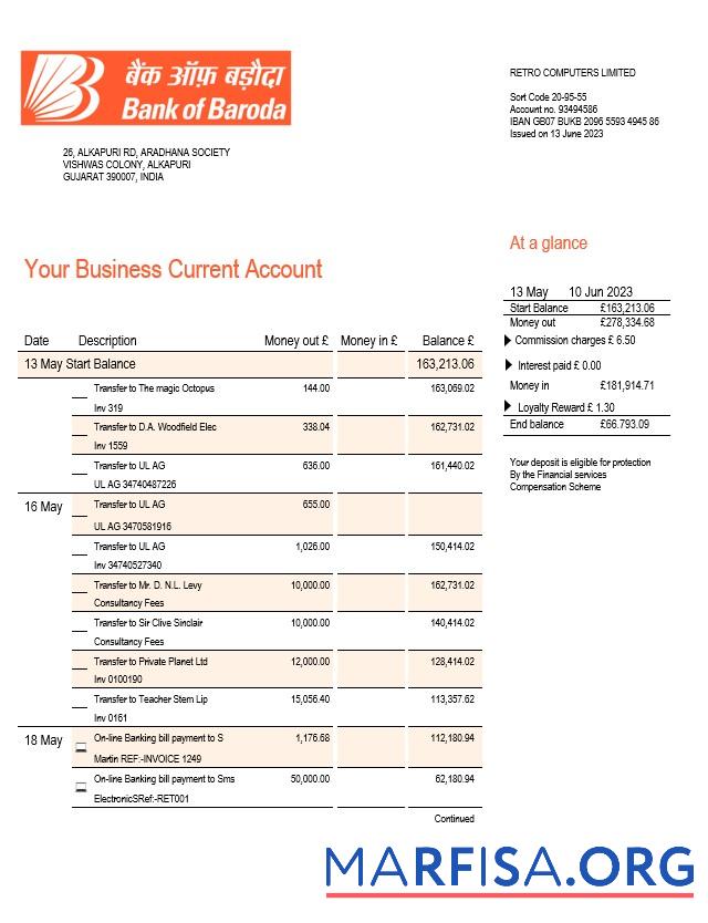 Realistisch Bank of Baroda Unternehmen checking Konto Kontoauszug Word and PDF Vorlage