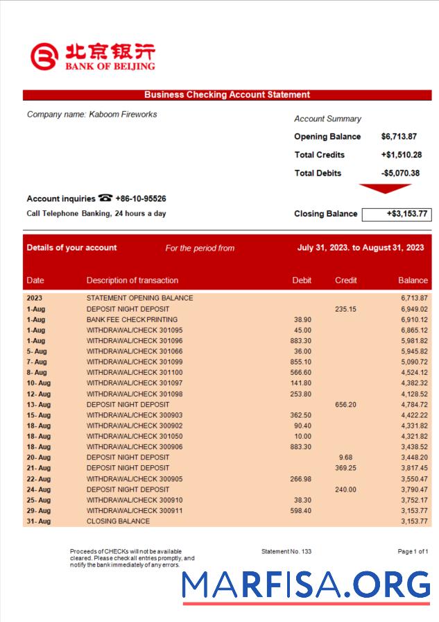 Realistisch Bank of Beijing firm Kontoauszug Word and PDF Vorlage