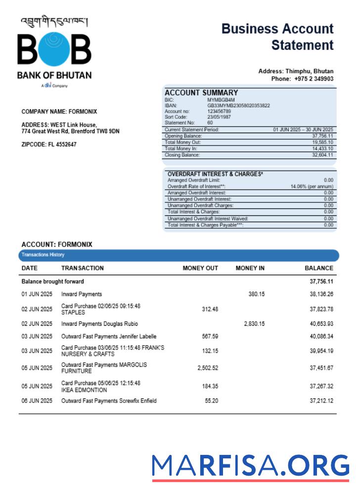 Bearbeitbar Bank of Bhutanese enterprise Konto Kontoauszug Word and PDF Vorlage