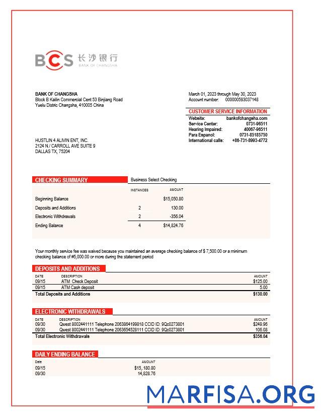 Bearbeitbar Bank of Changsha enterprise Kontoauszug Word and PDF Vorlage