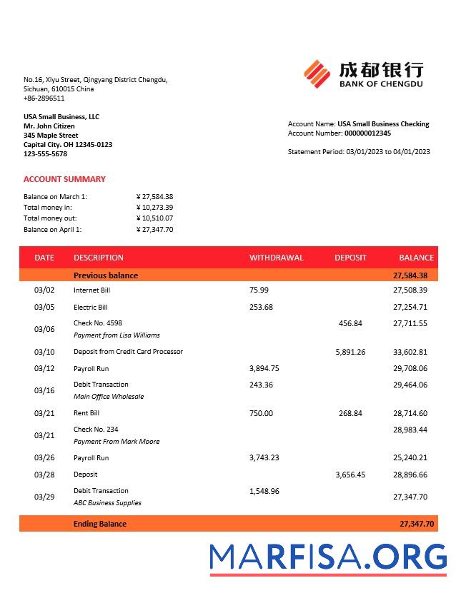 Hohe Qualität Bank of Chengdu Geschäft Kontoauszug Word and PDF Vorlage