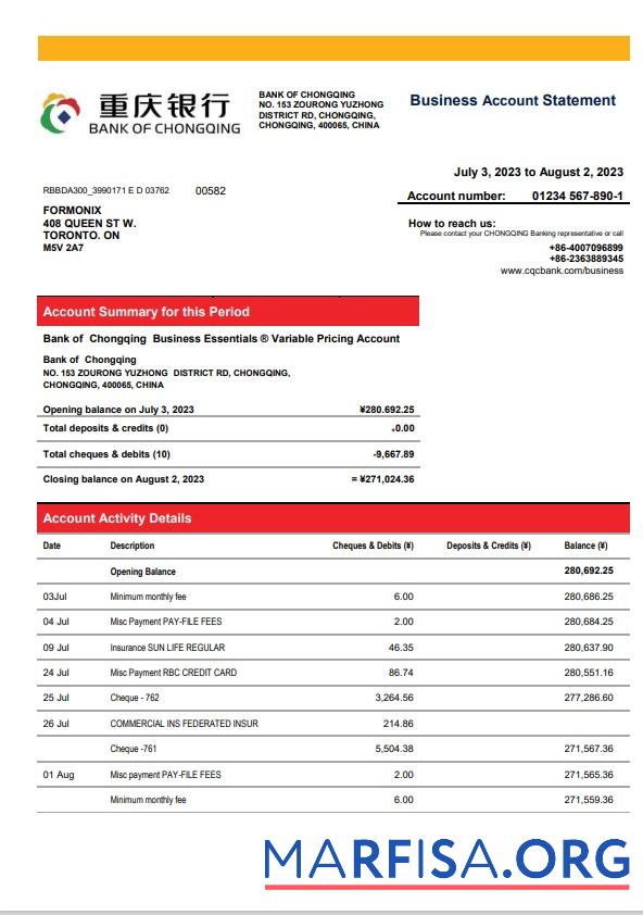 Hohe Qualität Bank of Chongqing enterprise Kontoauszug Word and PDF Vorlage