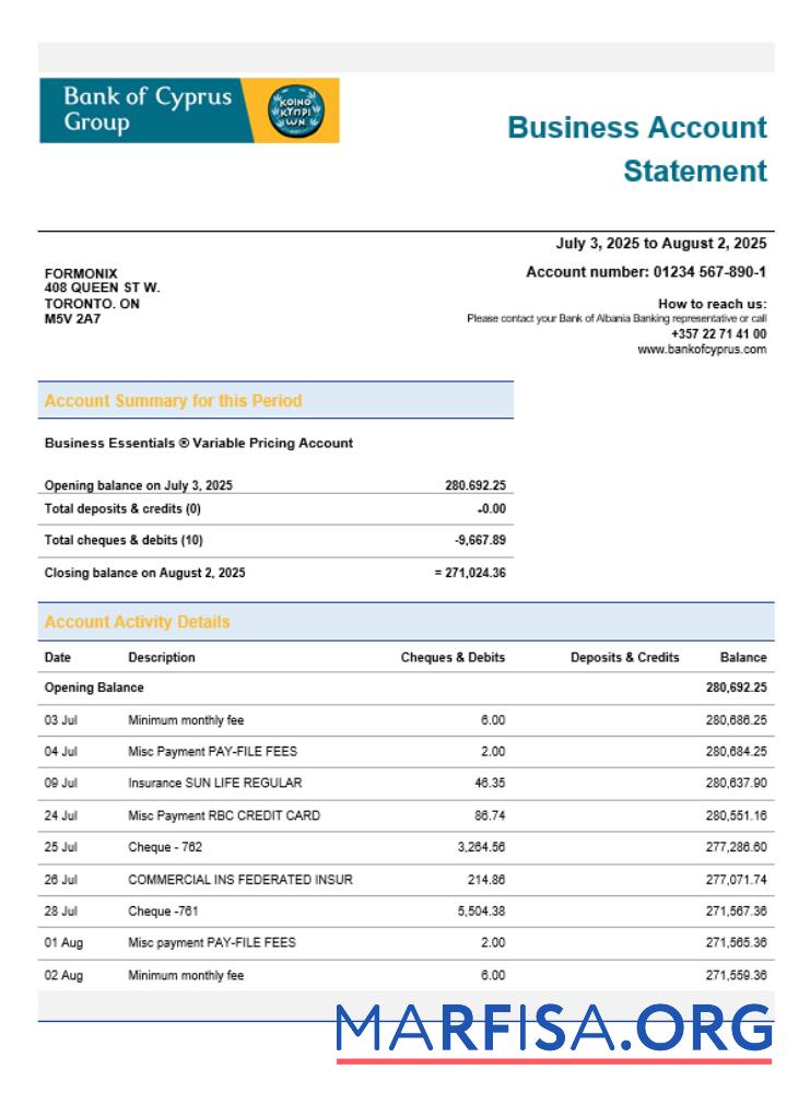 Bank of Cypriot firm Konto Kontoauszug Word and PDF Format Vorlage