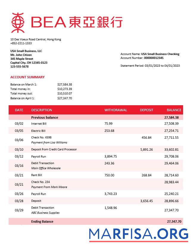 Hohe Qualität Bank of East Asia firm Konto Kontoauszug Word and PDF Vorlage