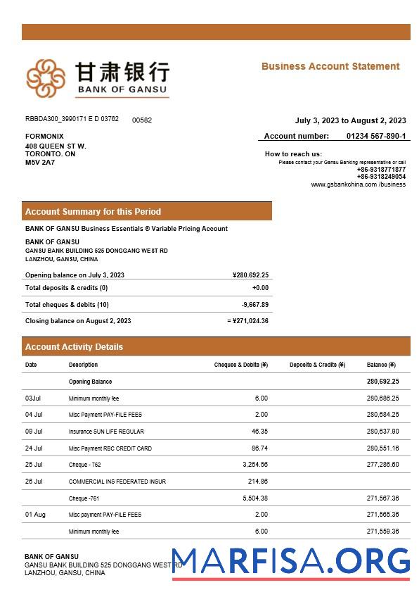 Premium Bank of Gansu Geschäft checking Konto Kontoauszug Word and PDF Vorlage
