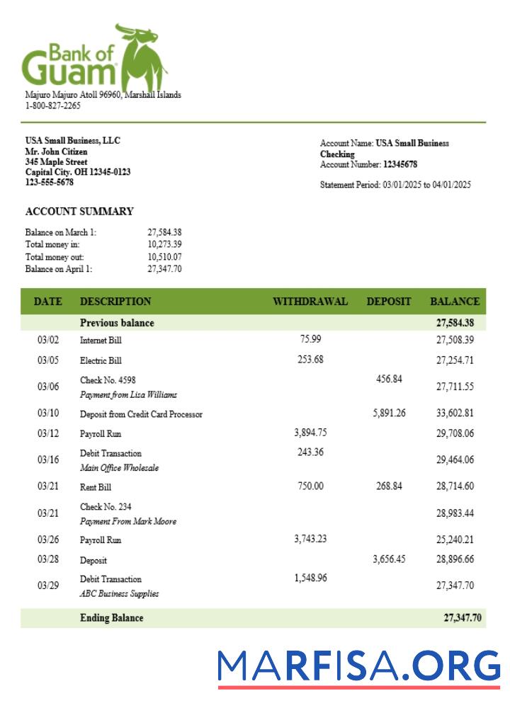 Professionell Bank of Guamanian Geschäft Konto Kontoauszug Word and PDF Vorlage (1)