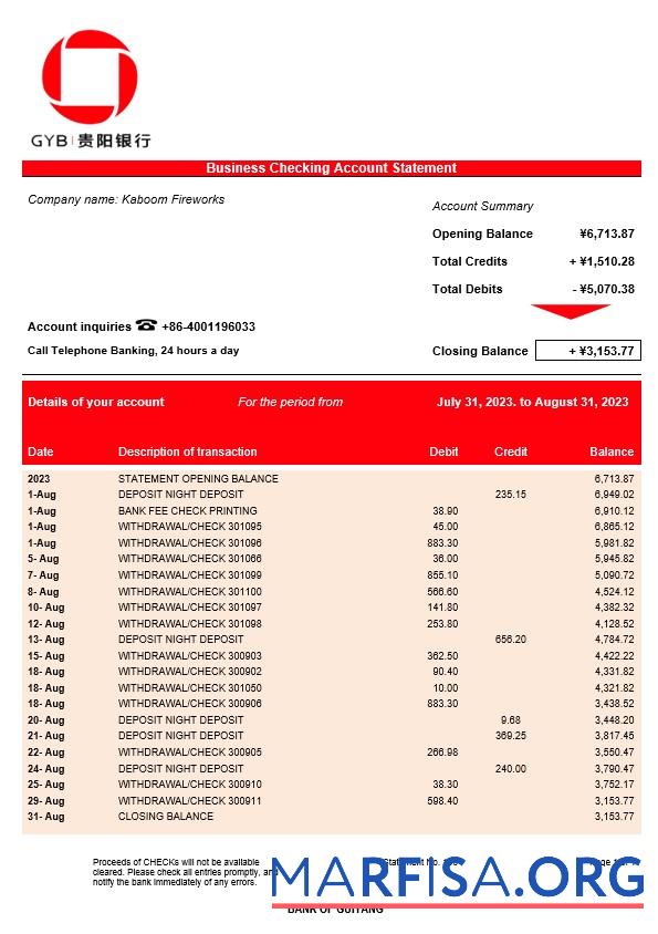 Professionell Bank of Guiyang firm Konto Kontoauszug Word and PDF Vorlage