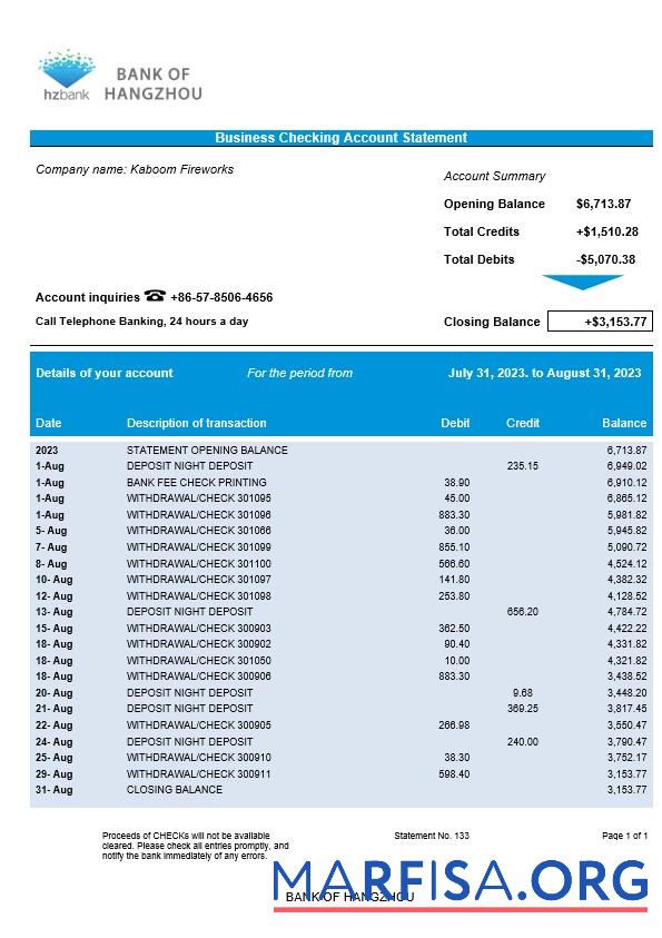 Realistisch Bank of Hangzhou Unternehmen Kontoauszug Word and PDF Vorlage