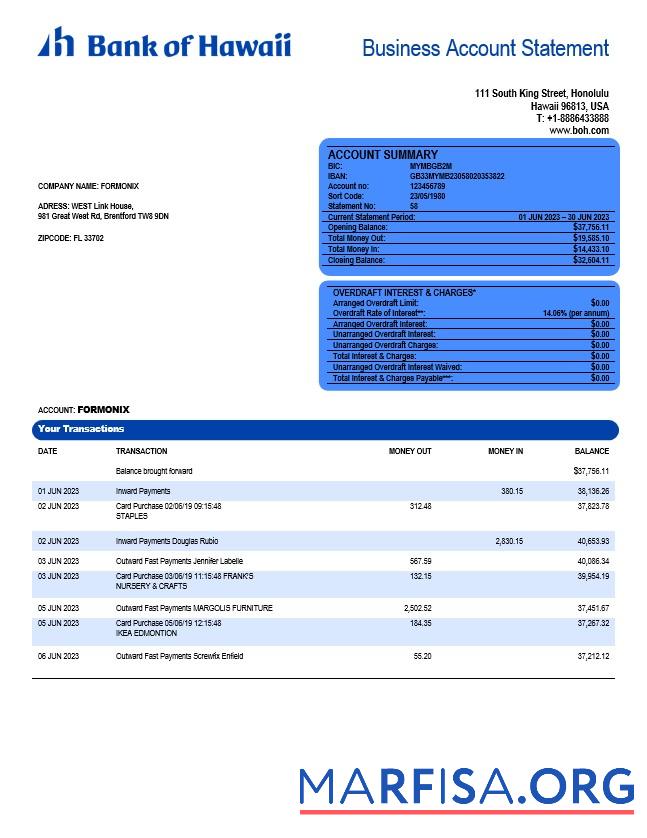 Bearbeitbar Bank of Hawaii firm Konto Kontoauszug Word and PDF Vorlage