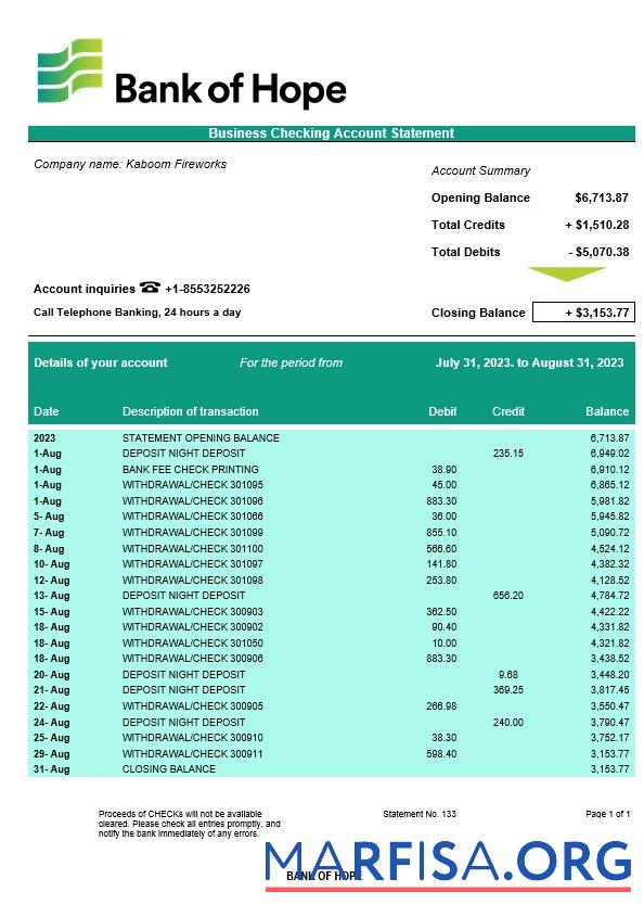Bearbeitbar Bank of Hope Unternehmen checking Konto Kontoauszug Word and PDF Vorlage