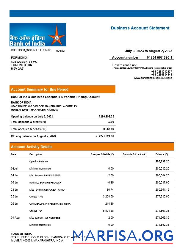 Premium Bank of Indien Unternehmen checking Konto Kontoauszug Word and PDF Vorlage