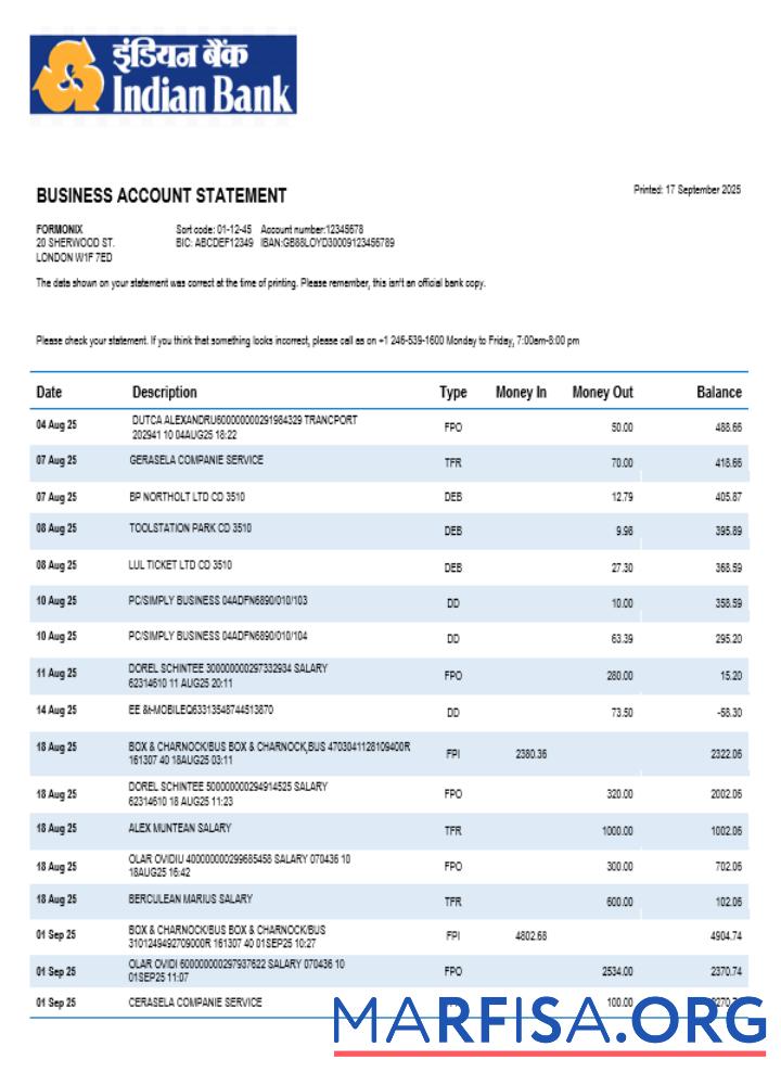 Bearbeitbar Bank of Indian organization checking Konto Kontoauszug Word and PDF Vorlage