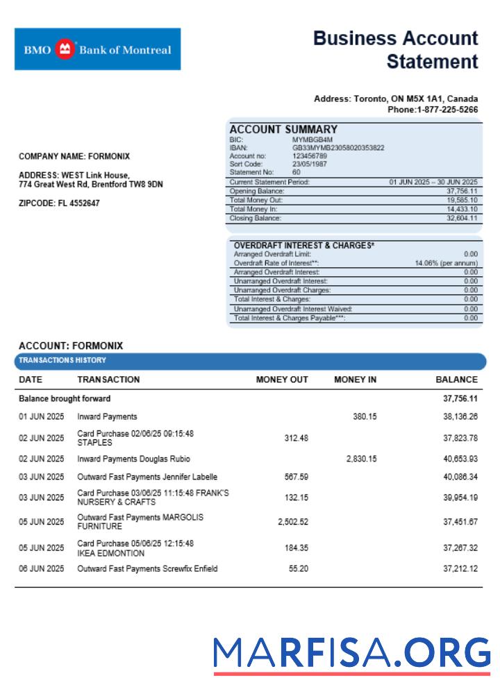 Bank of Montreal Unternehmen Kontoauszug Word and PDF Format Design