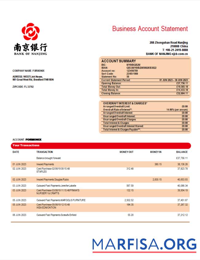 Bearbeitbar Bank of Nanjing corporate checking Konto Kontoauszug Word and PDF Vorlage