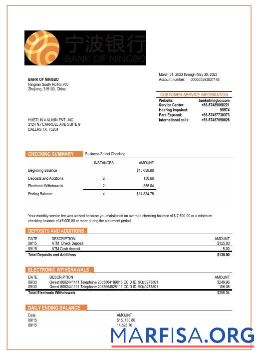 Hohe Qualität Bank of Ningbo Geschäft Bank Kontoauszug Word and PDF Vorlage
