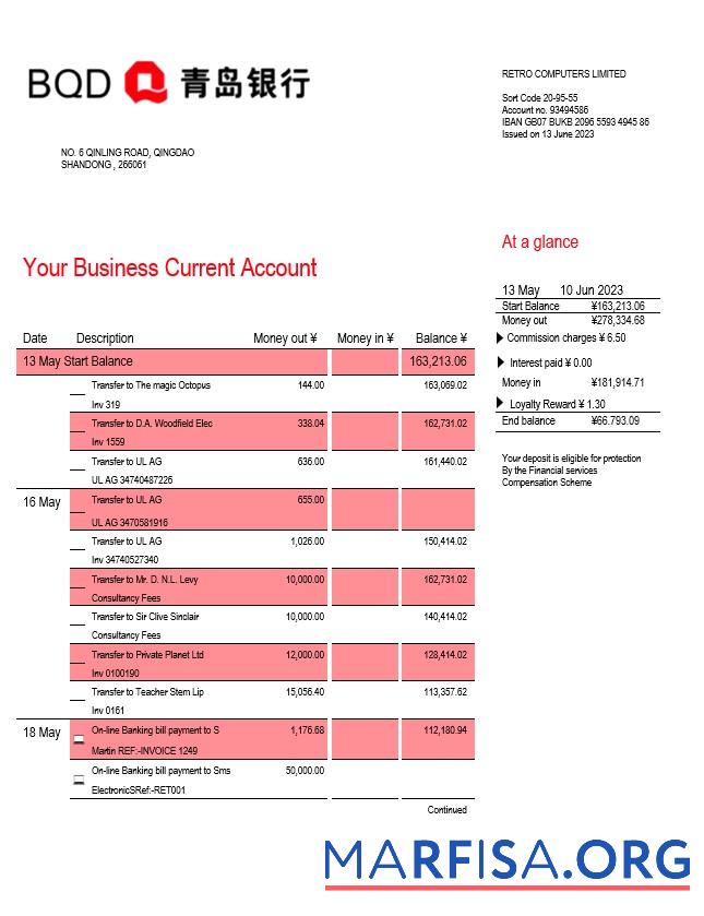 Bearbeitbar Bank of Qingdao firm Kontoauszug Word and PDF Vorlage