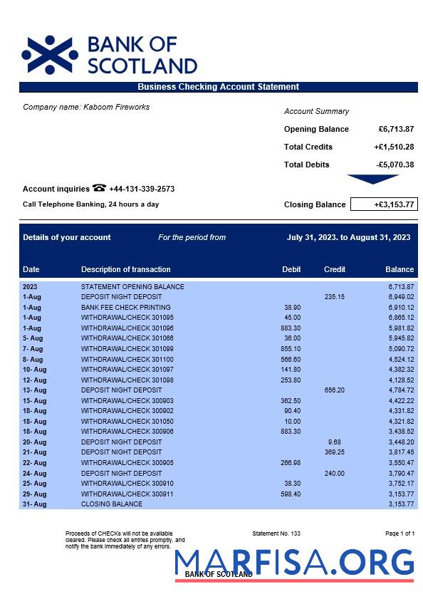 Hohe Qualität Bank of Schottland corporate checking Konto Kontoauszug Word and PDF Vorlage