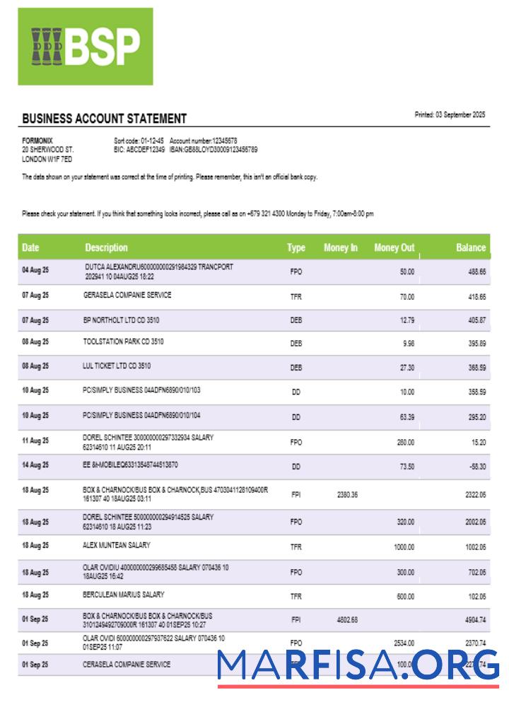 Bank of South Pacific Geschäft Bank Kontoauszug Word and PDF Format Mockup