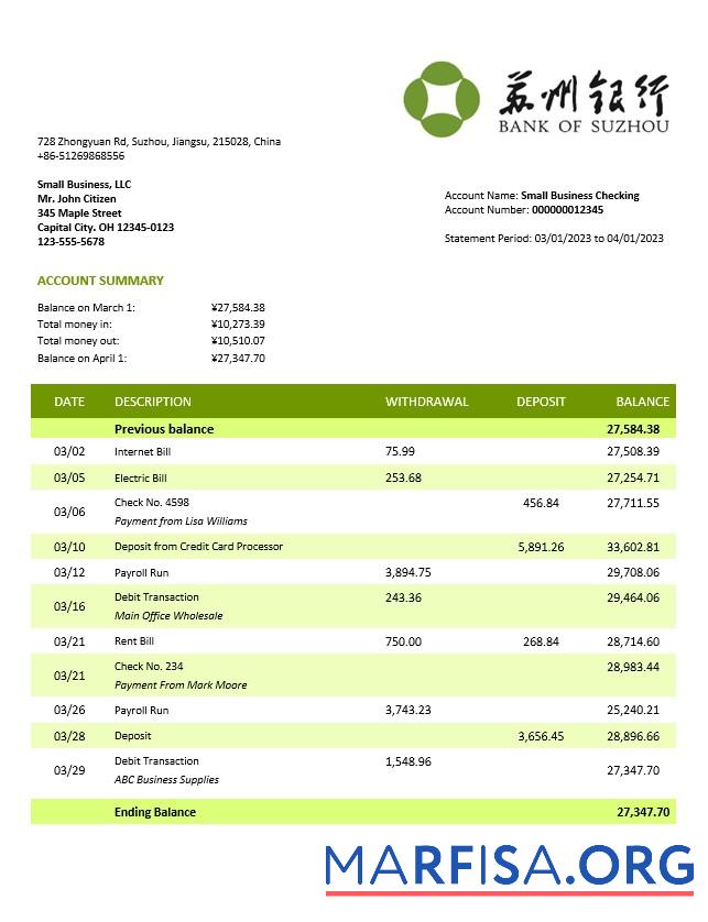 Bearbeitbar Bank of Suzhou firm Konto Kontoauszug Word and PDF Vorlage