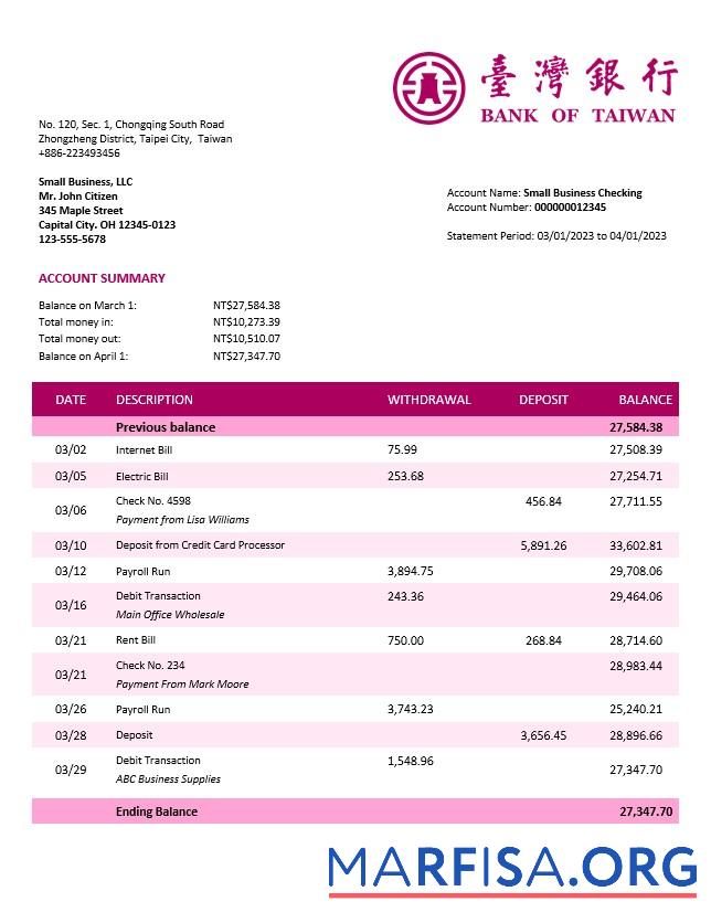 Hohe Qualität Bank of Taiwan Unternehmen checking Konto Kontoauszug Word and PDF Vorlage