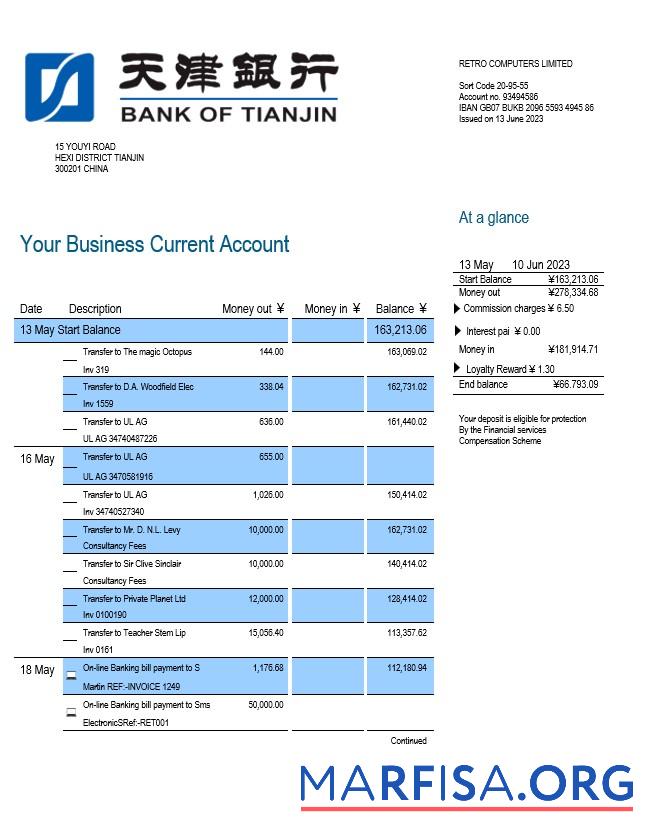 Premium Bank of Tianjin Geschäft Kontoauszug Word and PDF Vorlage