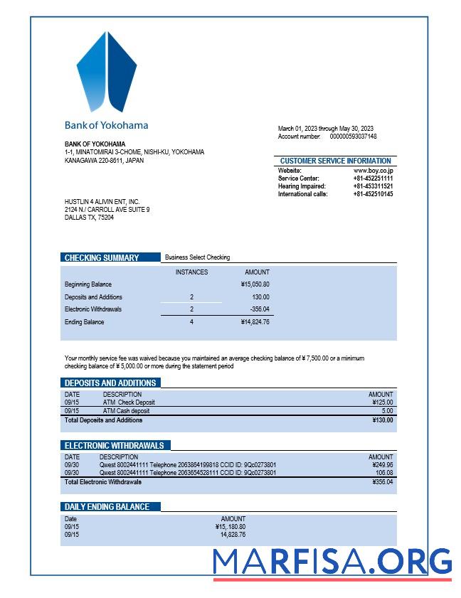 Bearbeitbar Bank of Yokohama Unternehmen checking Konto Kontoauszug Word and PDF Vorlage