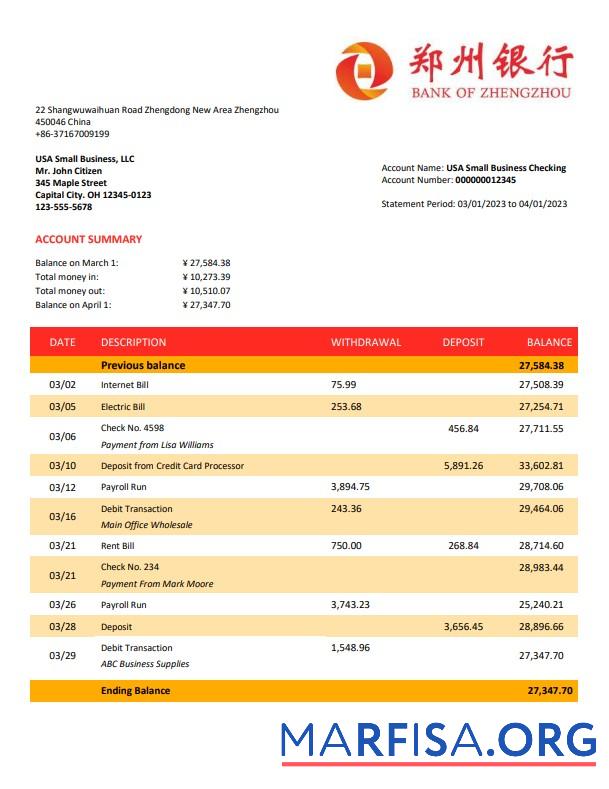 Premium Bank of Zhengzhou firm Konto Kontoauszug Word and PDF Vorlage