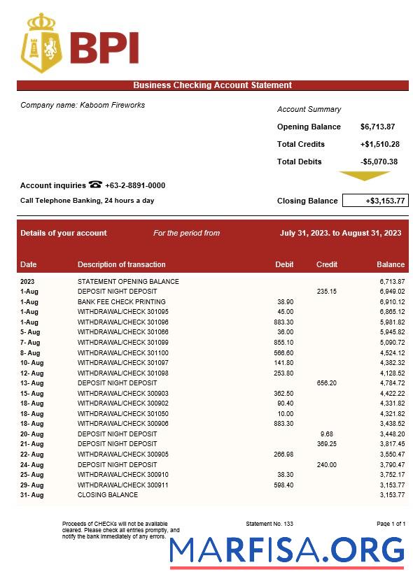 Hohe Qualität Bank of the Philippine Islands Geschäft Kontoauszug Word and PDF Vorlage