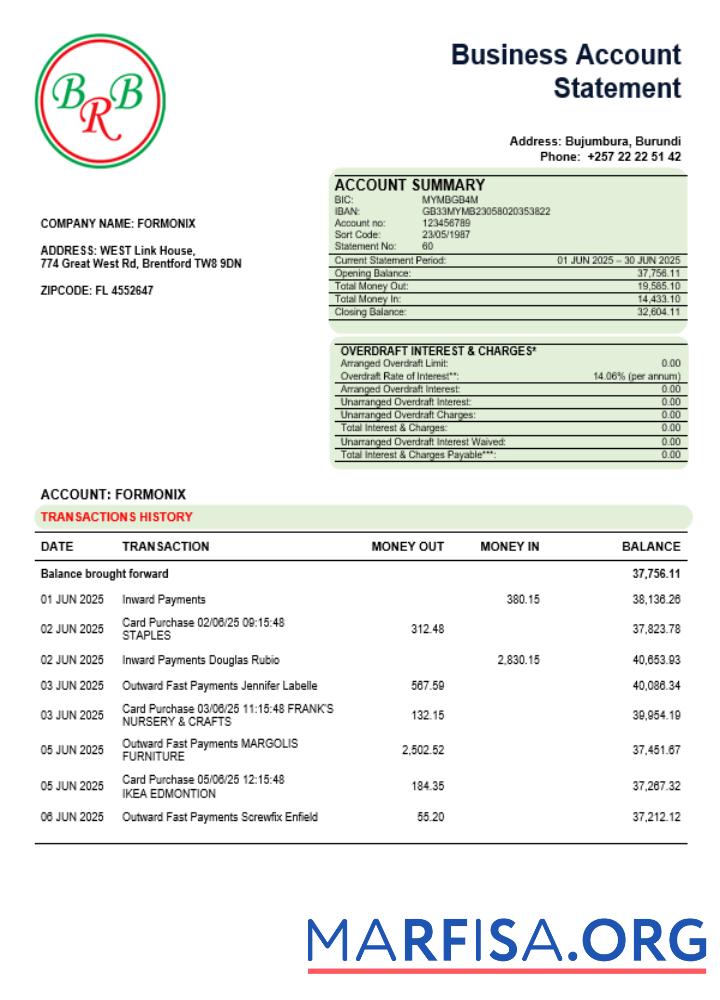 Bank of the Republic of Burundi Unternehmen Kontoauszug Word and PDF Format Vorschau