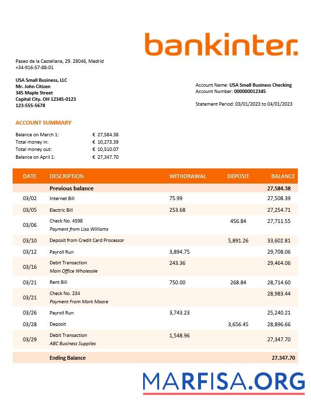 Hohe Qualität Bankinter enterprise Kontoauszug Word and PDF Vorlage