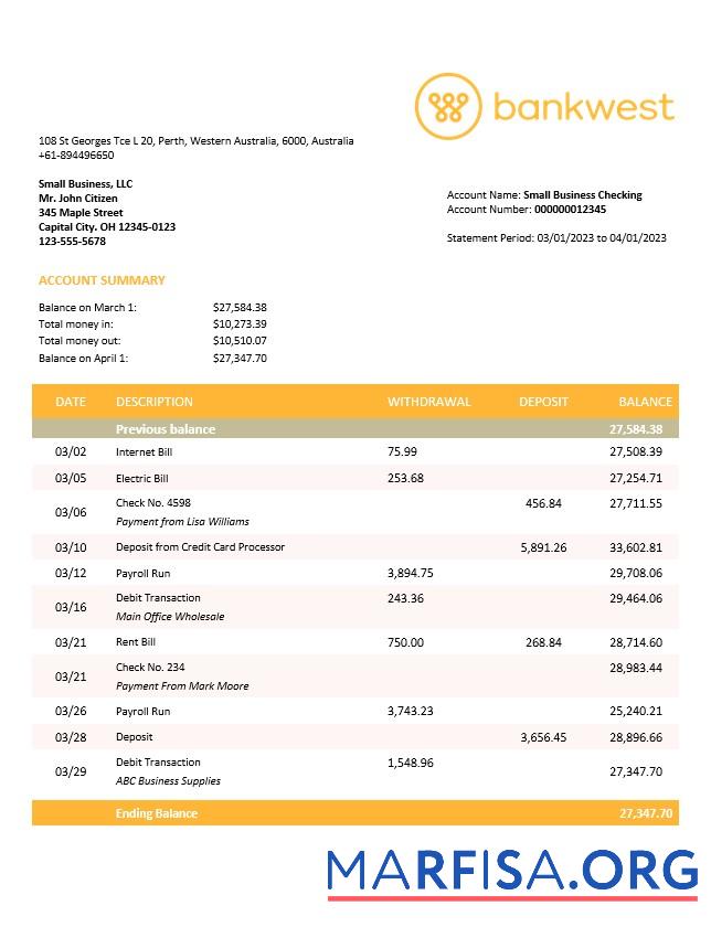 Bearbeitbar Bankwest Geschäft Bank Kontoauszug Word and PDF Vorlage