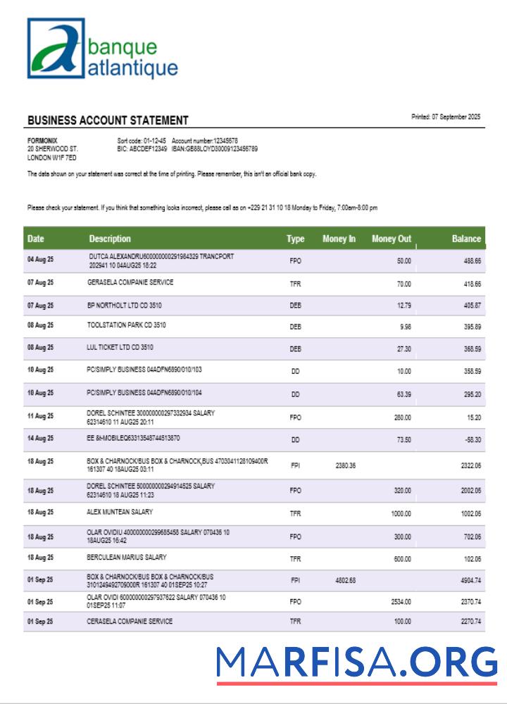 Banque Atlantique Geschäft firm Kontoauszug Word and PDF Format Vorschau