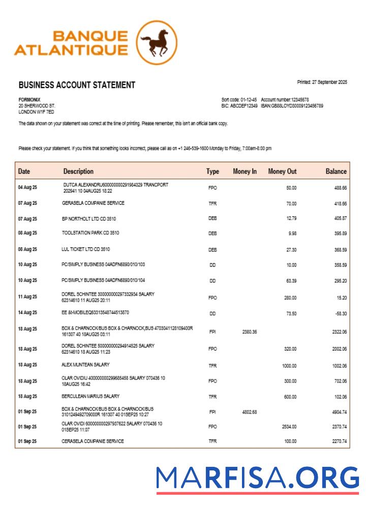 Realistisch Banque Atlantique organization checking Konto Kontoauszug Word and PDF Vorlage (1)