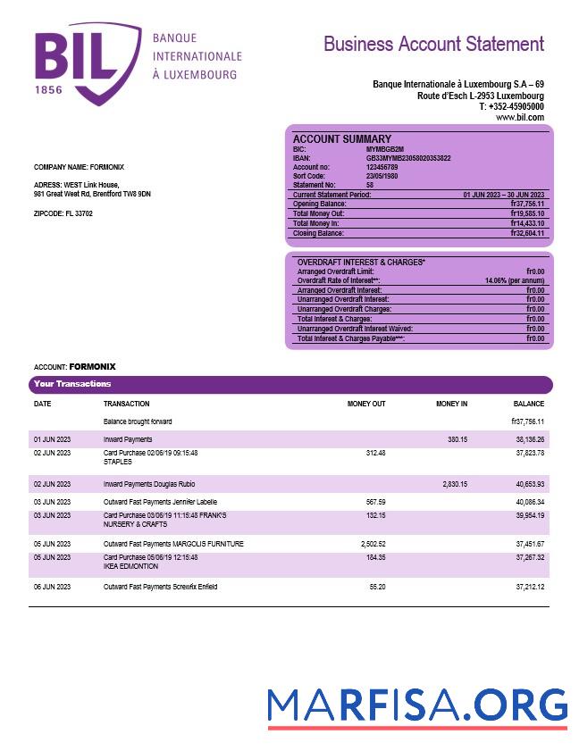 Realistisch Banque Internationale a Luxemburg organization checking Konto Kontoauszug Word and PDF Vorlage