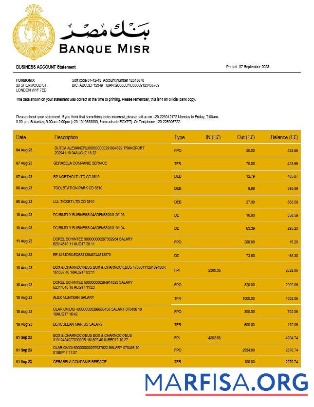 Professionell Banque Misr organization checking Konto Kontoauszug Word and PDF Vorlage