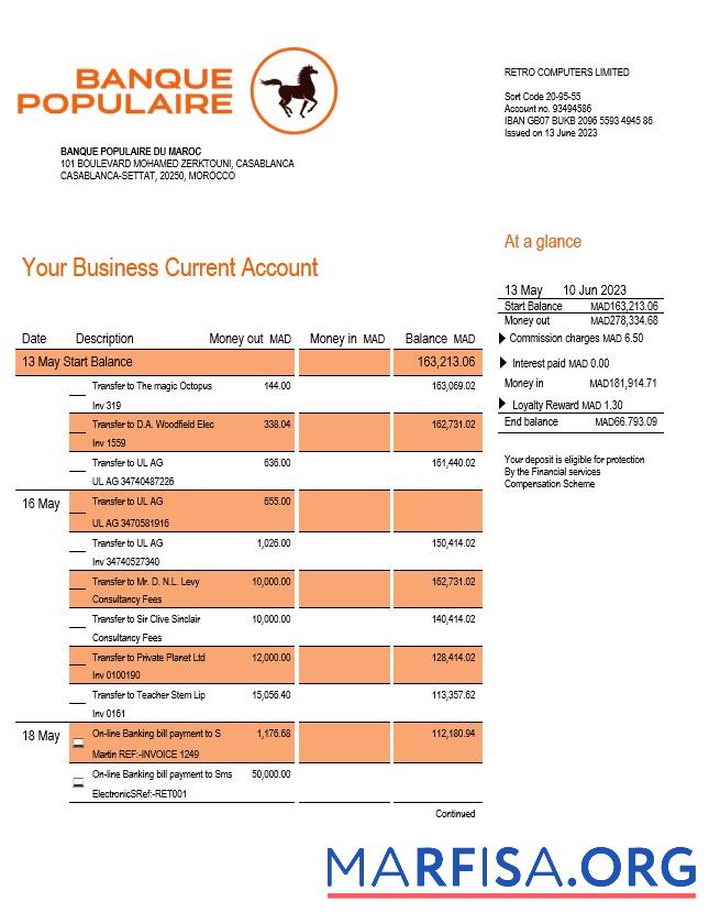 Professionell Banque Populaire du Maroc Geschäft Kontoauszug Word and PDF Vorlage